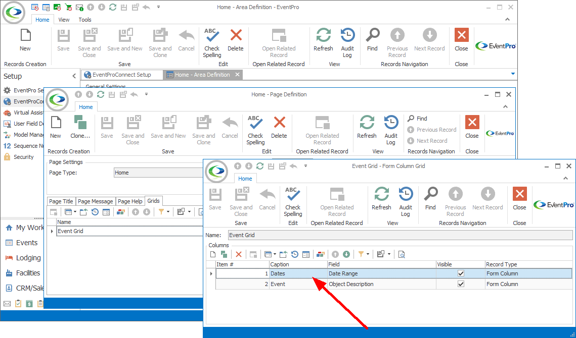 Screenshot of Form Column Grid edit form opened from Home Page Definition. 