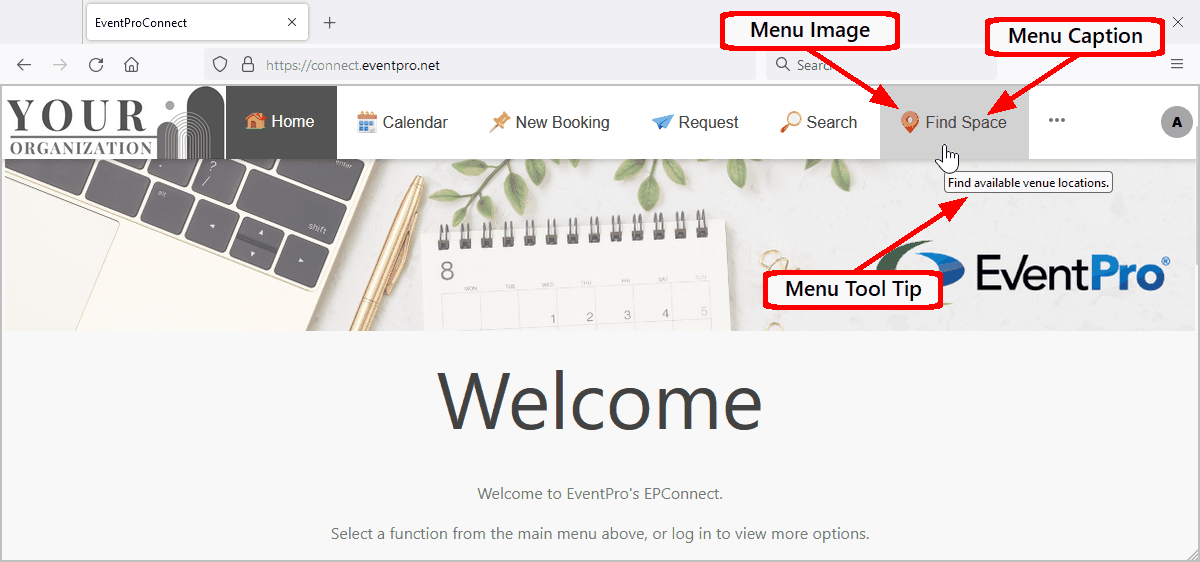 Sample EPConnect website with main menu image, caption, and tool tip labelled. 