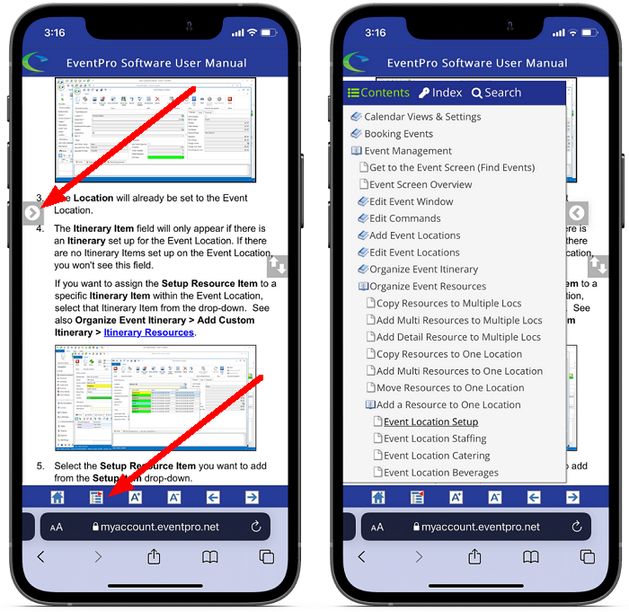 Hidden and visible Table of Contents on mobile device