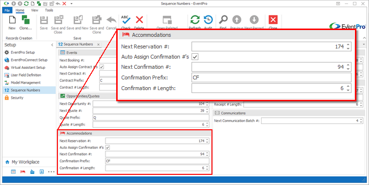 Screenshot of Sequence Numbers screen in Setup, magnifying Accommodations section. 