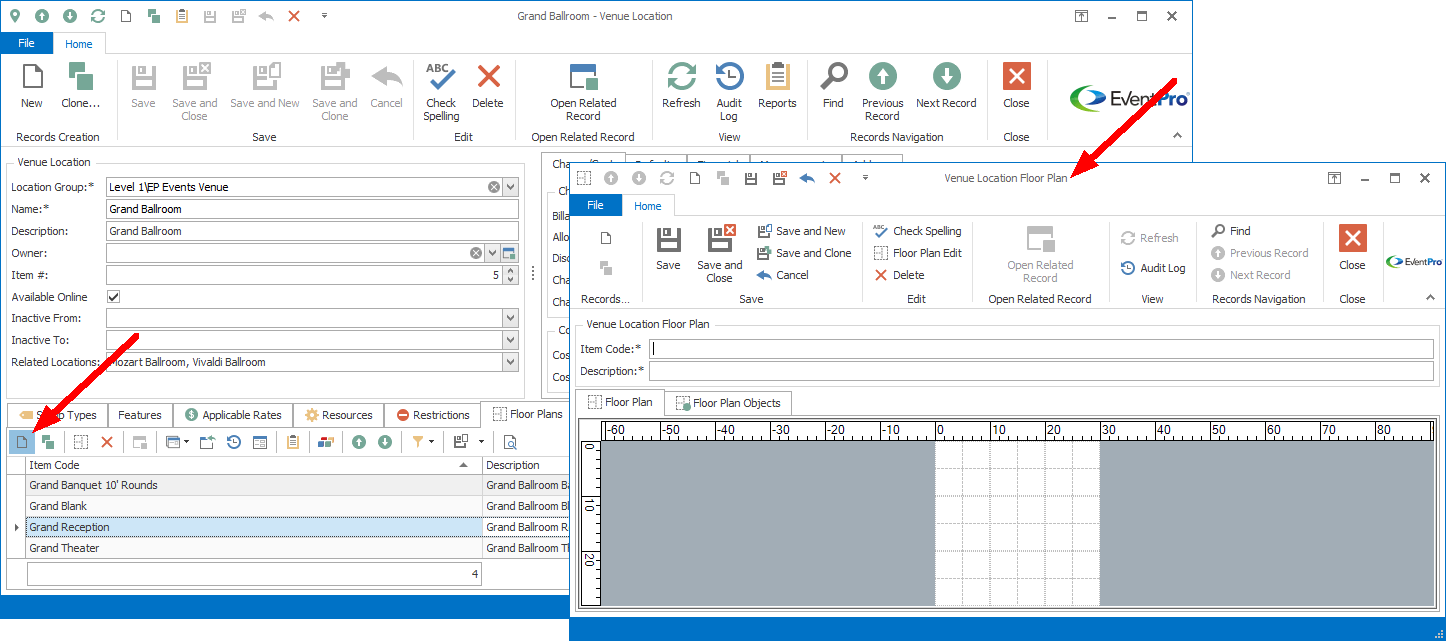 Screenshot of Venue Location Floor Plan edit form, opened from Location. 