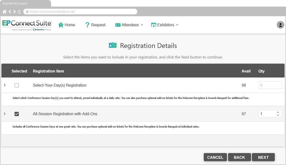 Screenshot of sample Attendee Registration area online, with selected settings hidden. 