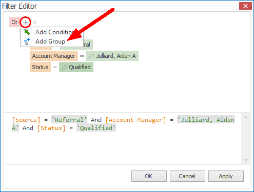 Screenshot of Filter Editor, adding another group