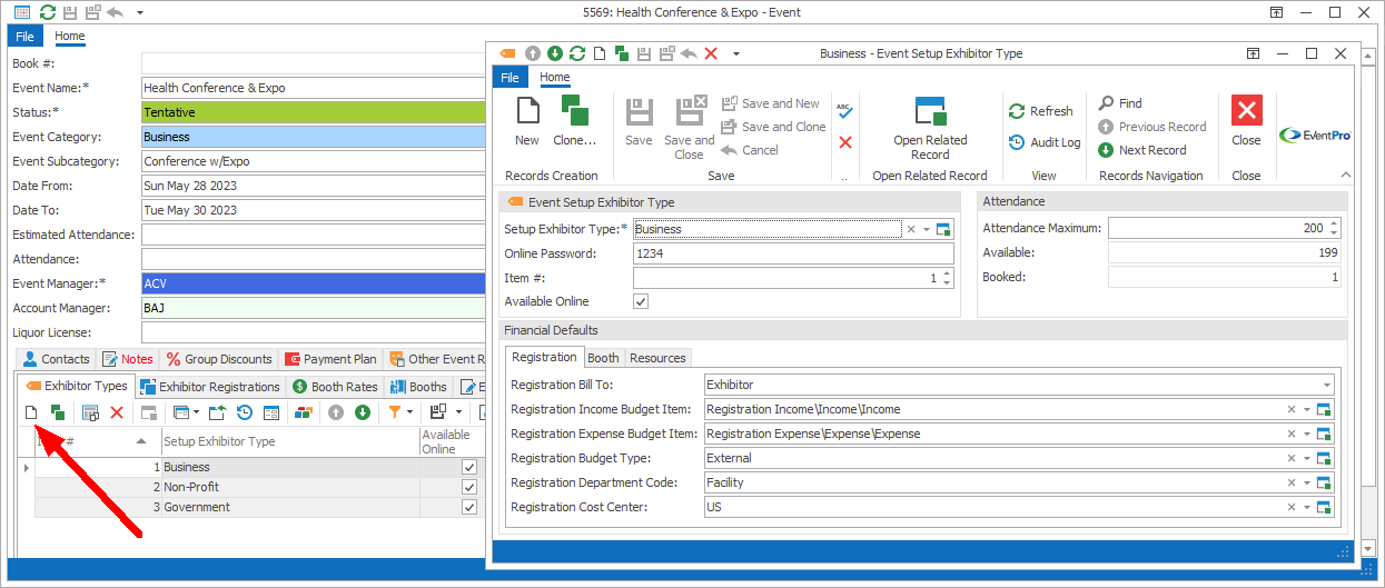 Screenshot of Event Setup Exhibitor Type edit form opened from Exhibitor Types tab. 