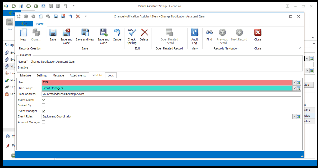 Screenshot of Send To tab of Assistant edit form, displaying options for Event table. 