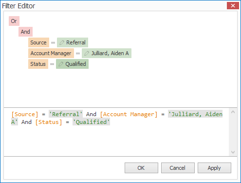 Screenshot of Filter Editor, showing group with multiple conditions