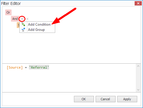 Screenshot of Filter Editor, adding condition to group