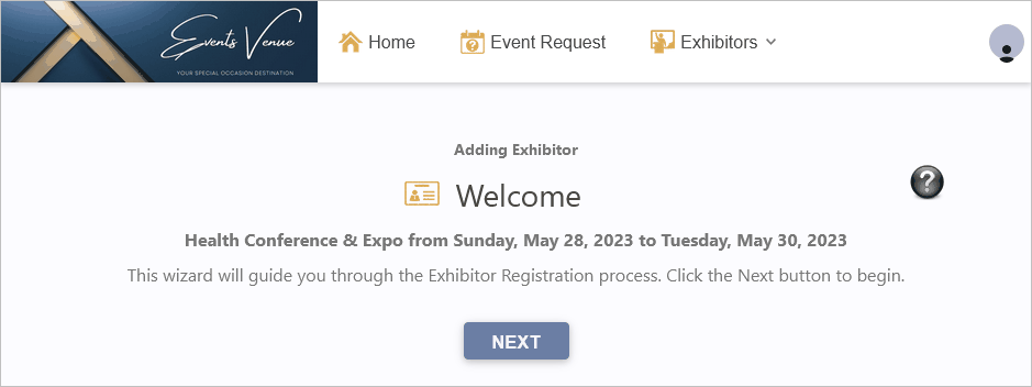 Screenshot of the Welcome page of the Adding Exhibitor Registration wizard. 