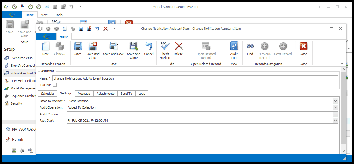Screenshot of Change Notification Assistant set to monitor Event Locations for Added to Collection operation. 