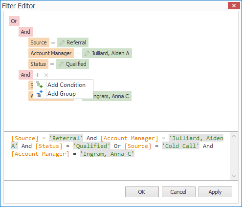 Screenshot of Filter Editor, adding condition to second group
