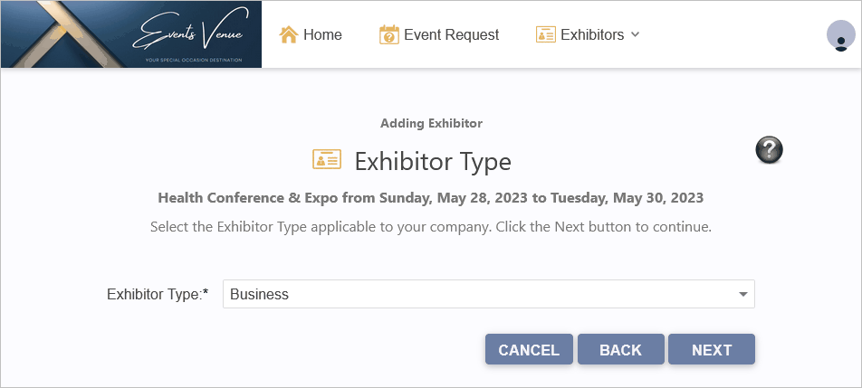Figure 800: Select an Exhibitor Type 
