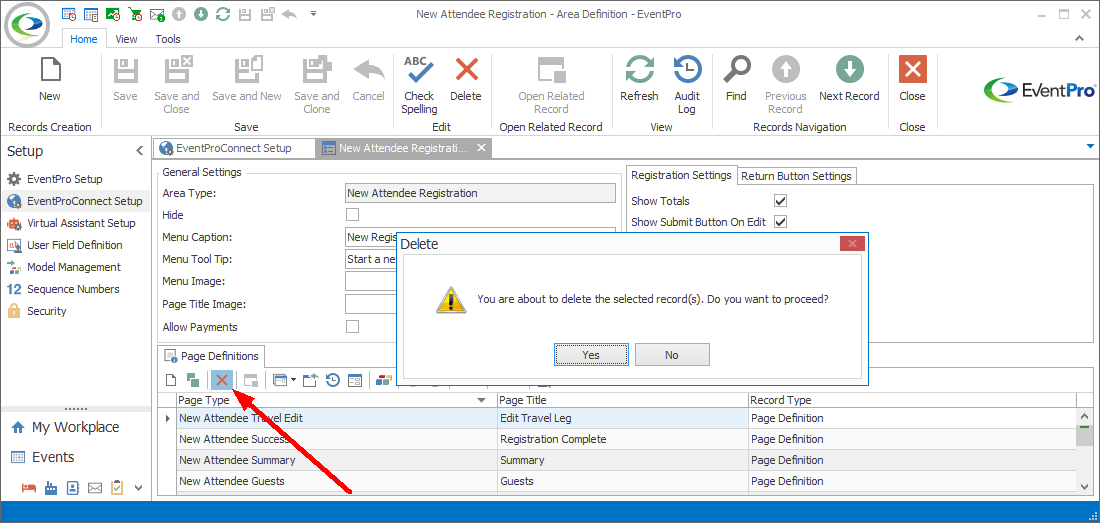 Screenshot of Page Definition tab under Area Definition edit form, pointing to Delete button. 