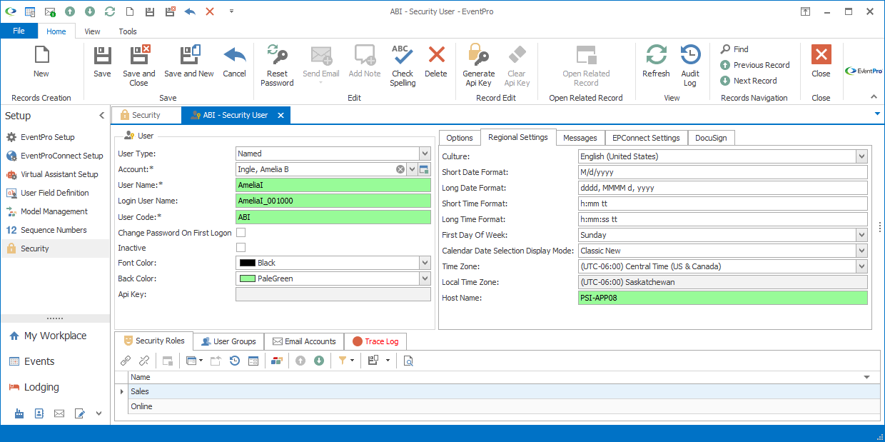 Screenshot of Security User edit form, with Regional Settings tab displayed. 