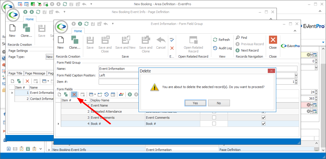 Screenshot of Delete confirmation dialog over Form Field selection grid, pointing to Delete button. 