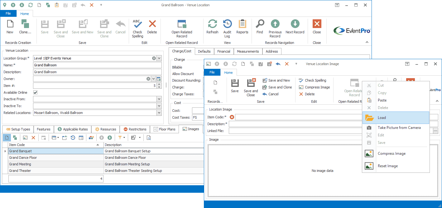 Screenshot of Venue Location Image edit form, opened from Location. 
