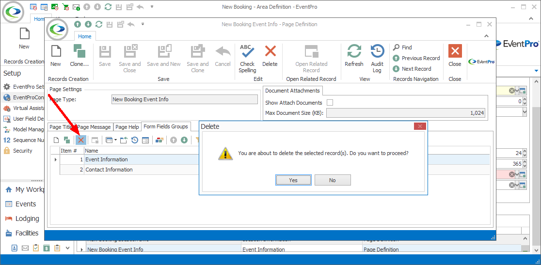 Screenshot of Delete Confirmation dialog over Form Field Group tab in Page Definition edit form. 