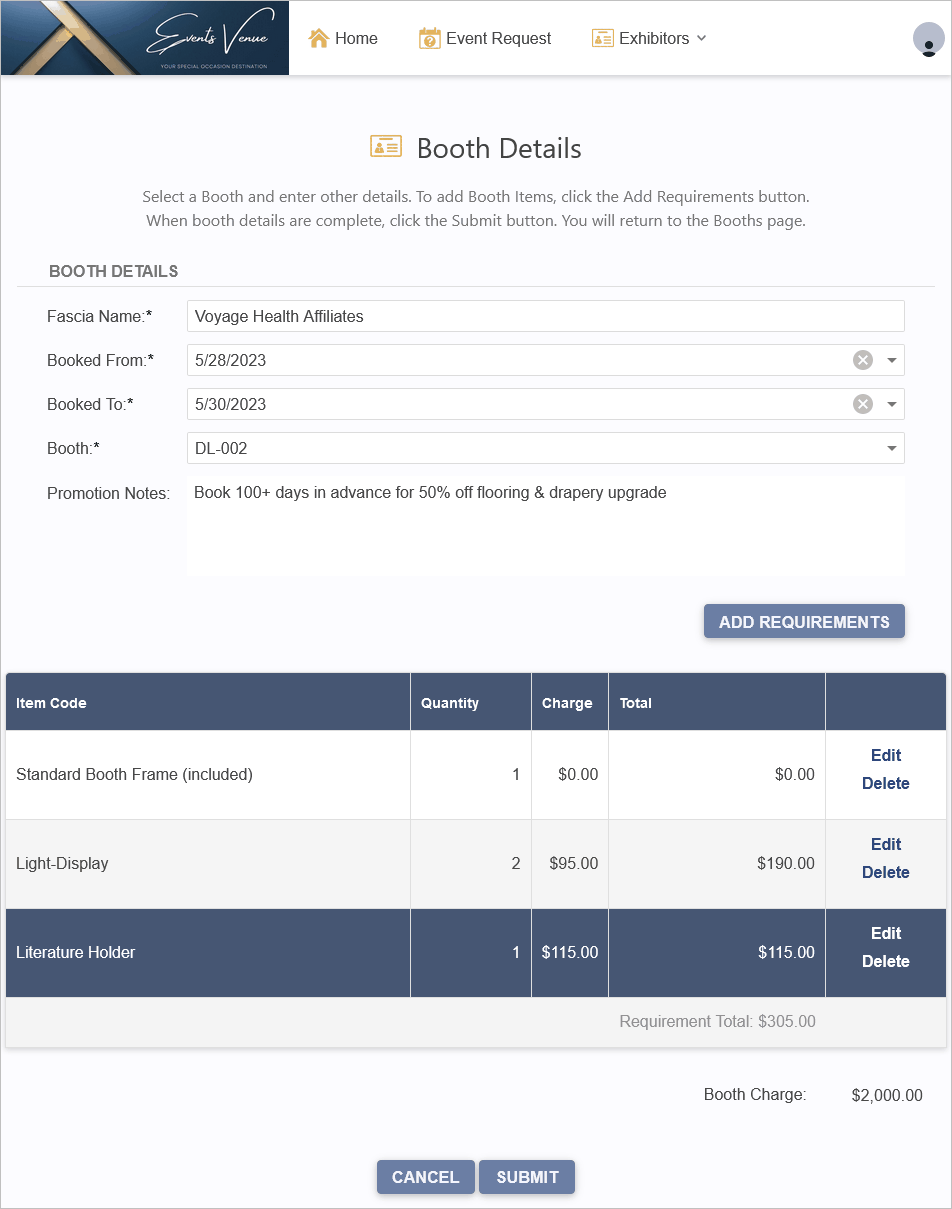Figure 813: Submit Booth Details & Requirements 