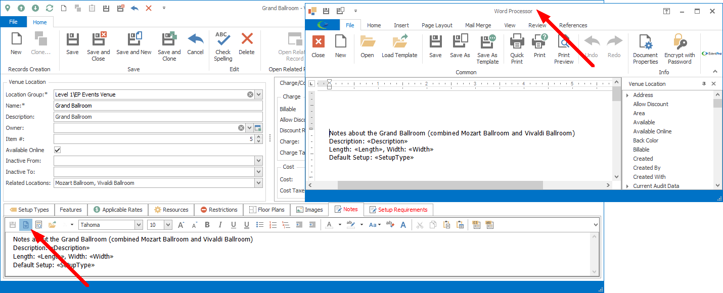 Screenshot of word processor opened from Venue Location edit form Notes tab. 
