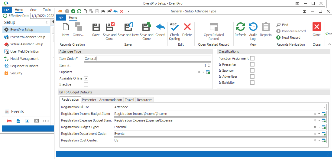 Screenshot of Setup Attendee Type edit form, opened from EventPro Setup. 