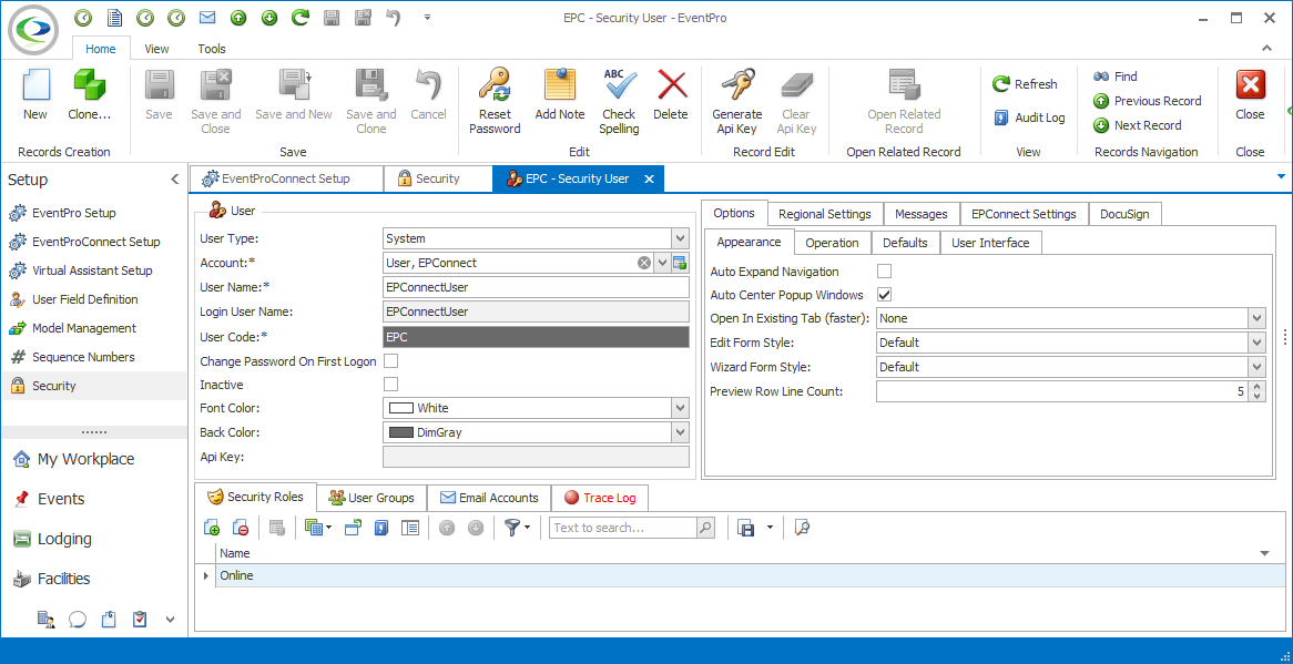 Screenshot of Security User edit form with settings for EPConnect User. 