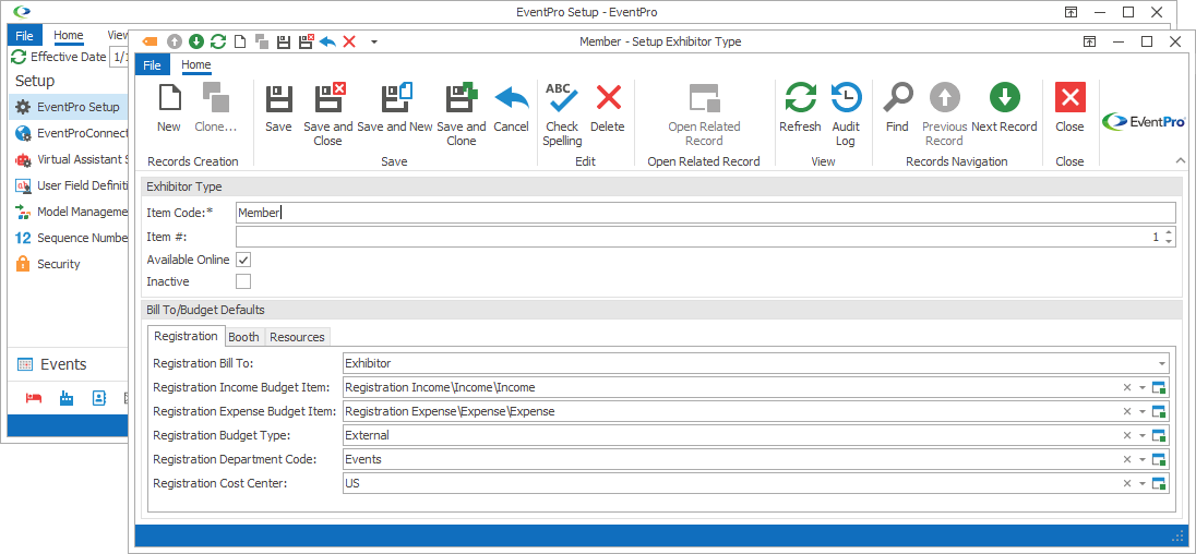 Screenshot of Setup Exhibitor Type edit form opened from EventPro Setup. 