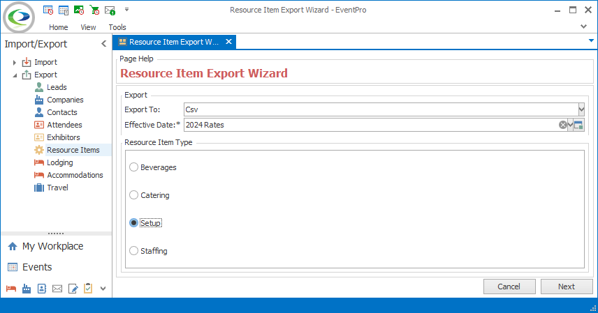 Screenshot of Resource Item Export Wizard. 