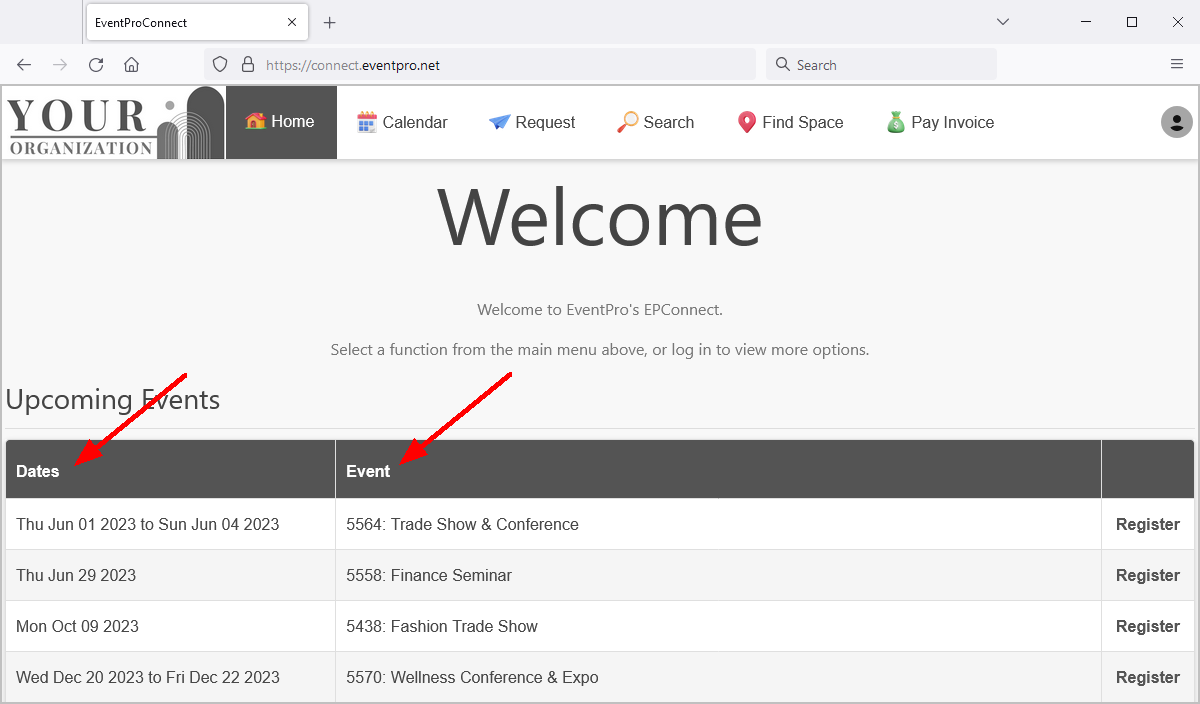 Sample EPConnect website Home page displaying selected Grid Columns. 