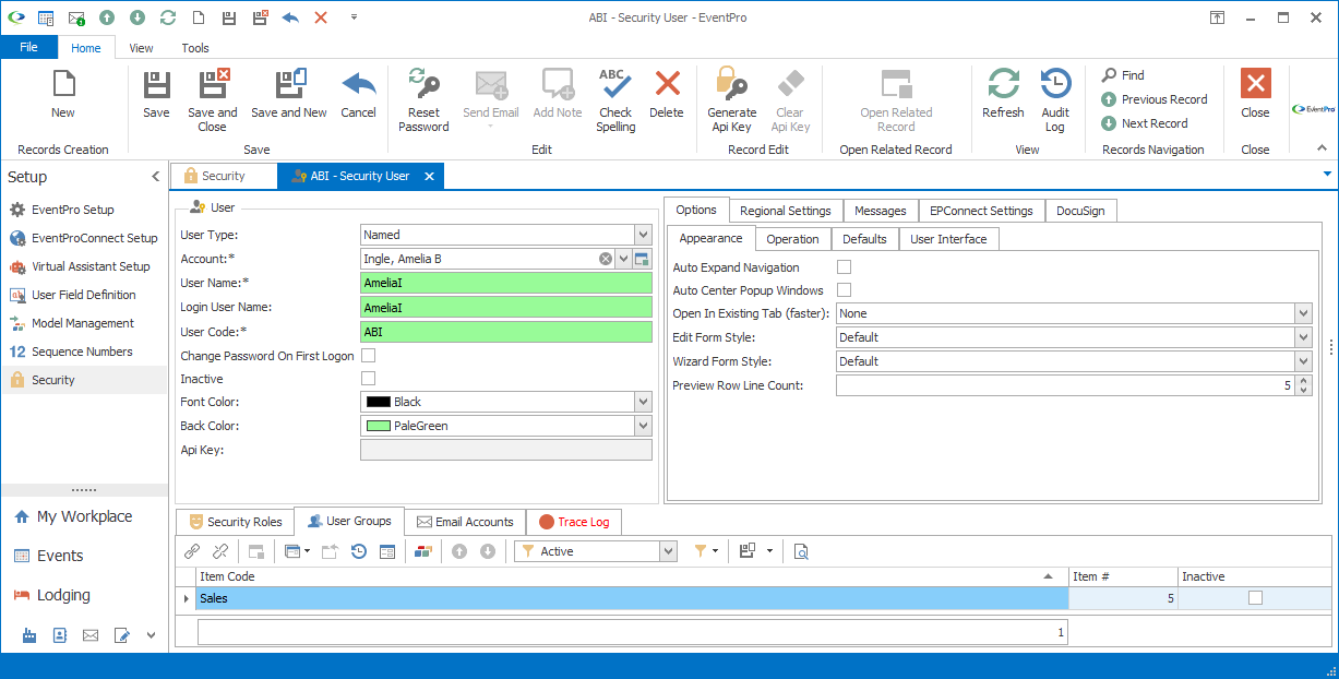 Screenshot of User Groups tab in Security User edit form. 