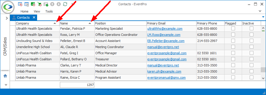 Screenshot of Contacts selection grid, sorted by Company then Name column. 