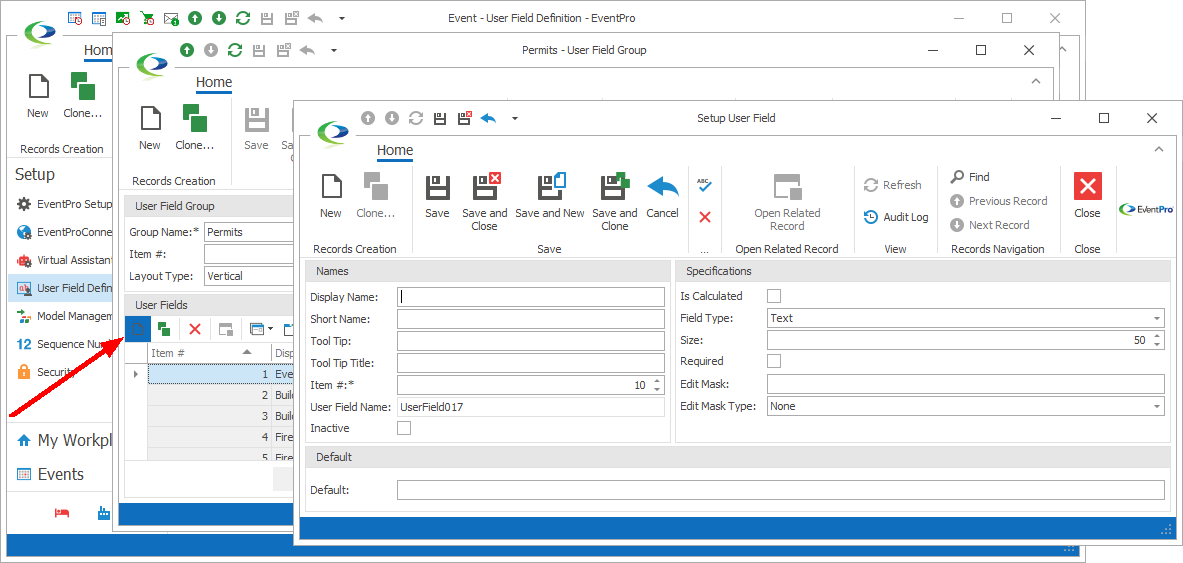 Screenshot of Setup User Field edit form started from User Field Group edit form. 