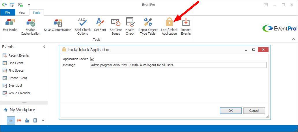 Screenshot of Lock/Unlock Application edit form, containing message for other users. 