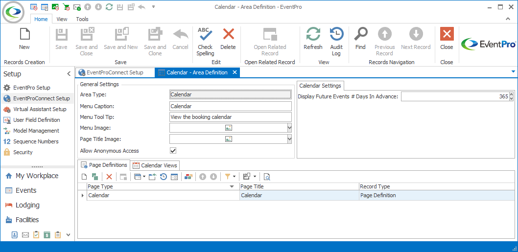 Screenshot of Calendar Area Definition edit form in EPConnect Setup. 