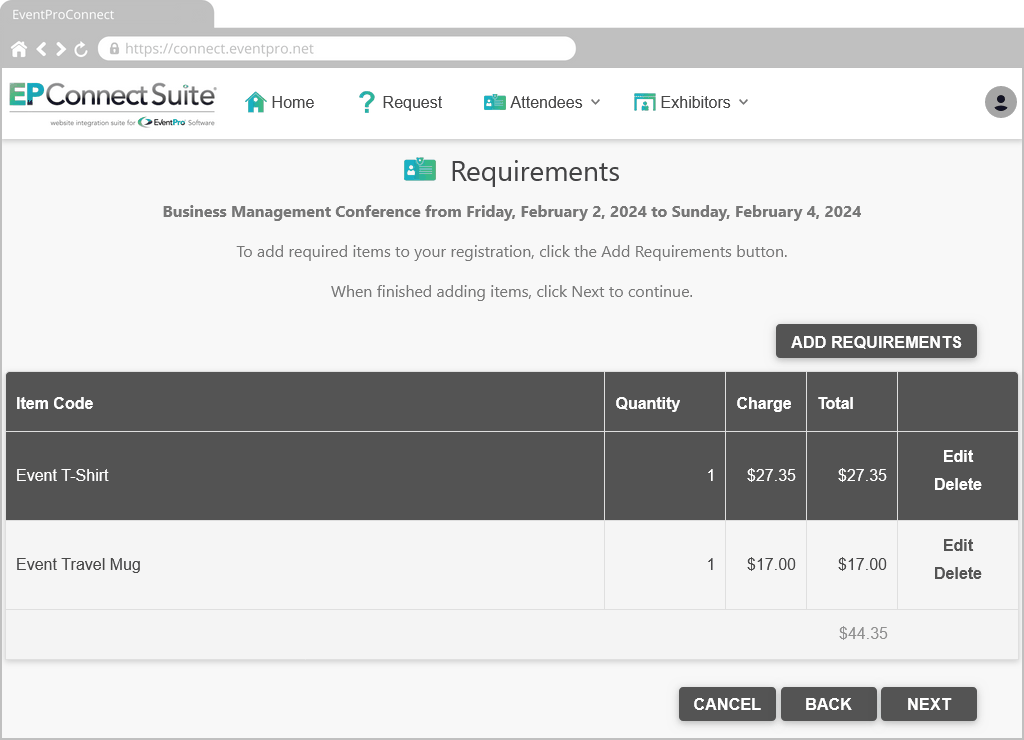 Figure 721: Attendee Requirements Page 