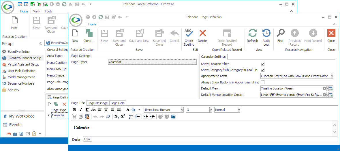 Screenshot of Calendar Page Definition edit form, opened from Calendar Area Definition edit form. 
