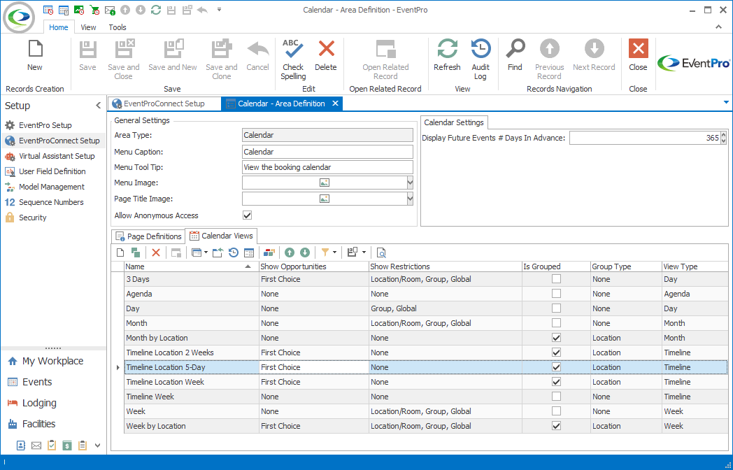 Screenshot of Calendar Area Definition displyaing Calendar Views tab. 