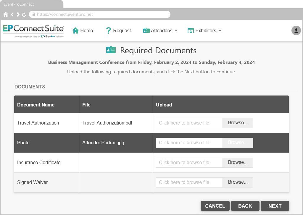 Figure 731: Attendee Required Documents Page 