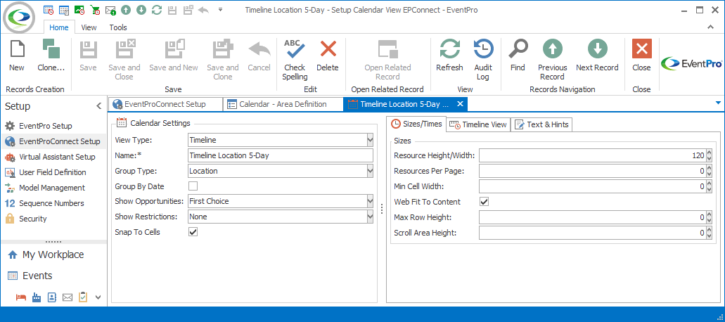 Screenshot of Setup Calendar View EPConnect edit form, opened from Calendar Area Definition. 