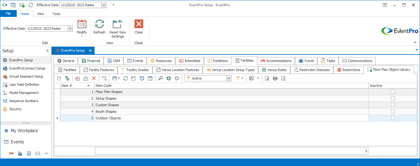 Screenshot of Floor Plan Object Libraries tab under Facilities Setup. 