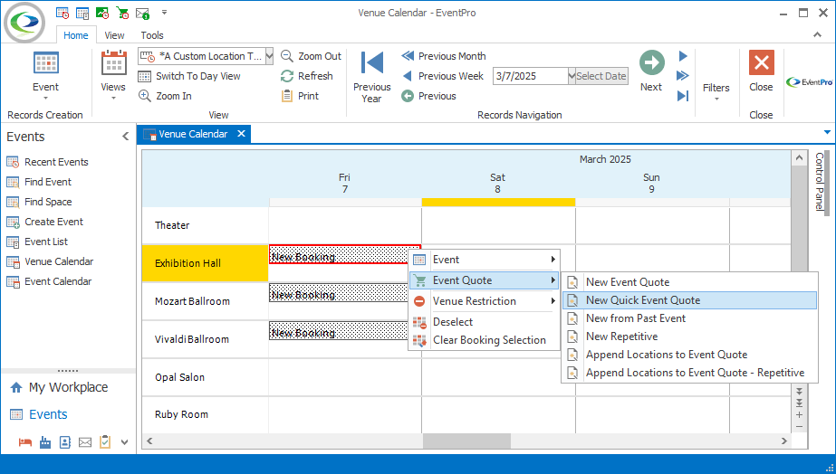 Screenshot of Venue Calendar, displaying right-click speed menu opened to New Quick Event Quote command. 
