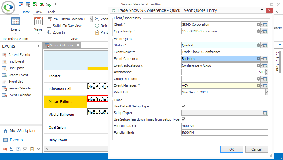 Screenshot of Quick Event Quote Entry form opened from Venue Calendar. 