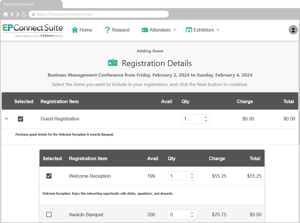 Figure 726: Attendee Guest Registration Items 