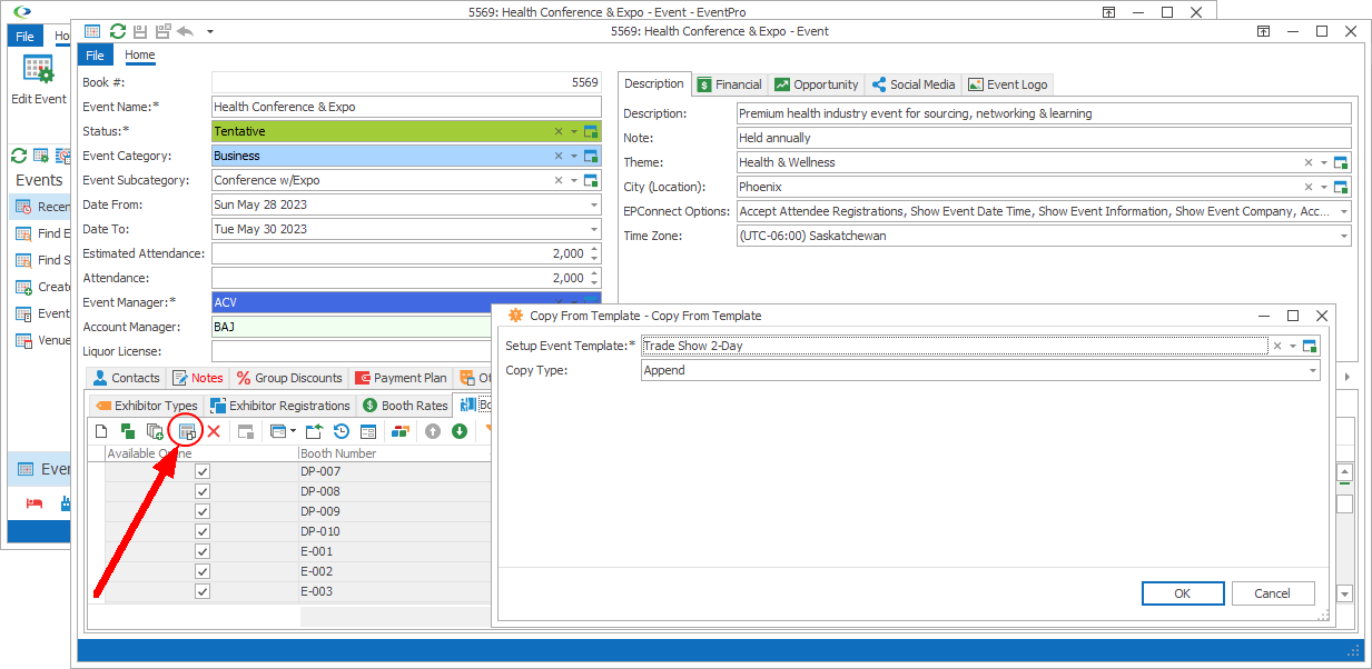 Screenshot of Copy From Template window opened from Exhibitor Booths tab in Edit Event window. 