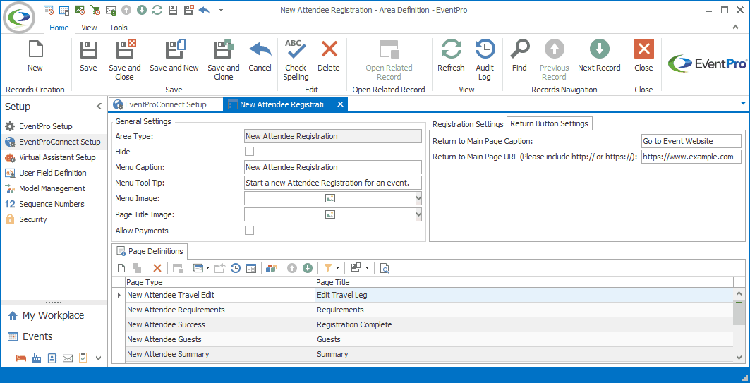 Screenshot of Return Button Settings in New Attendee Registration Area Definition edit form. 