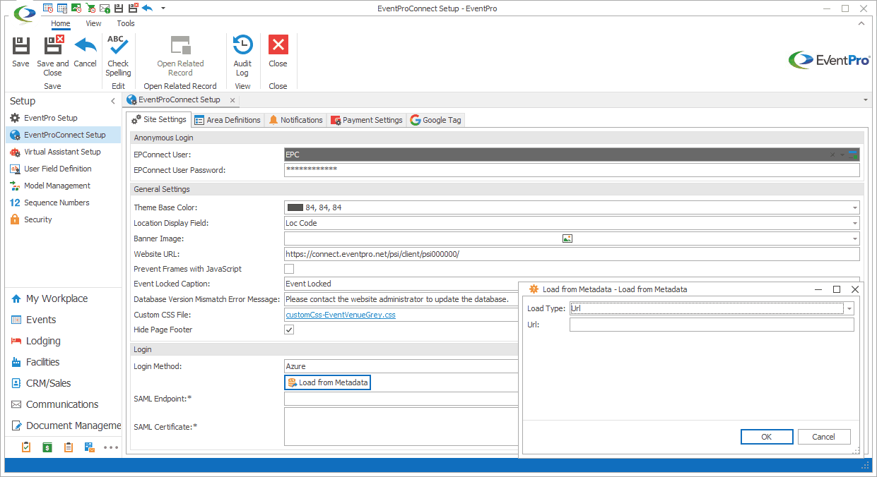 Screenshot of Azure AD selected as login method in EPConnect Setup Site Settings. 