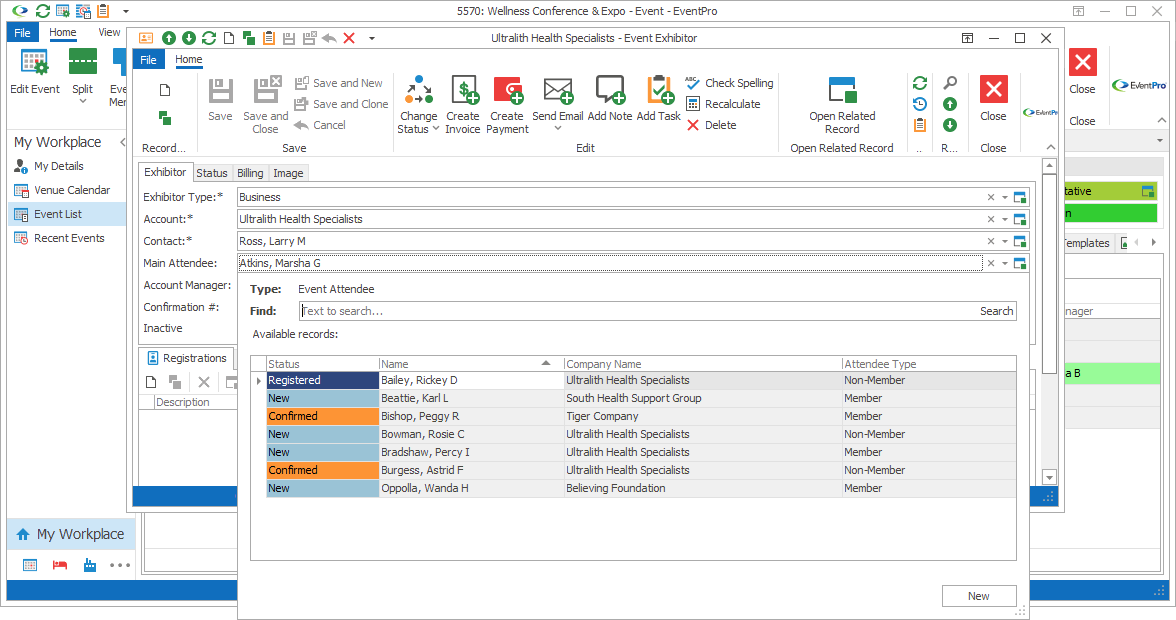 Screenshot of Exhibitor edit form, displaying Main Attendee drop-down selection list. 