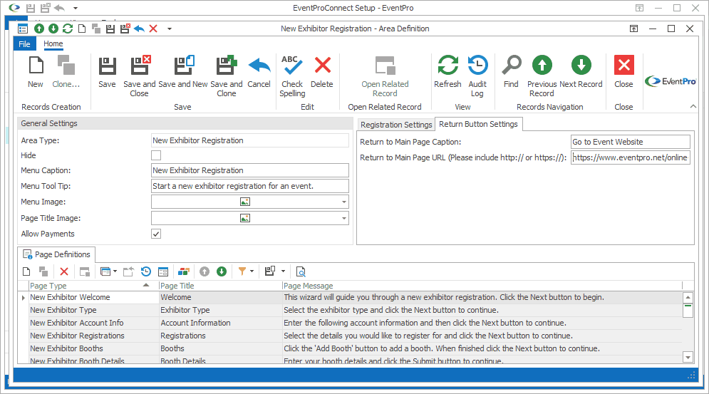 Screenshot of Return Button Settings in Exhibitor New Registration Area Definition edit form. 