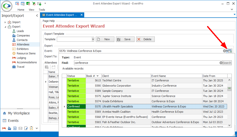 Screenshot of Event Attendee Export Wizard with Event selection drop-down displayed. 