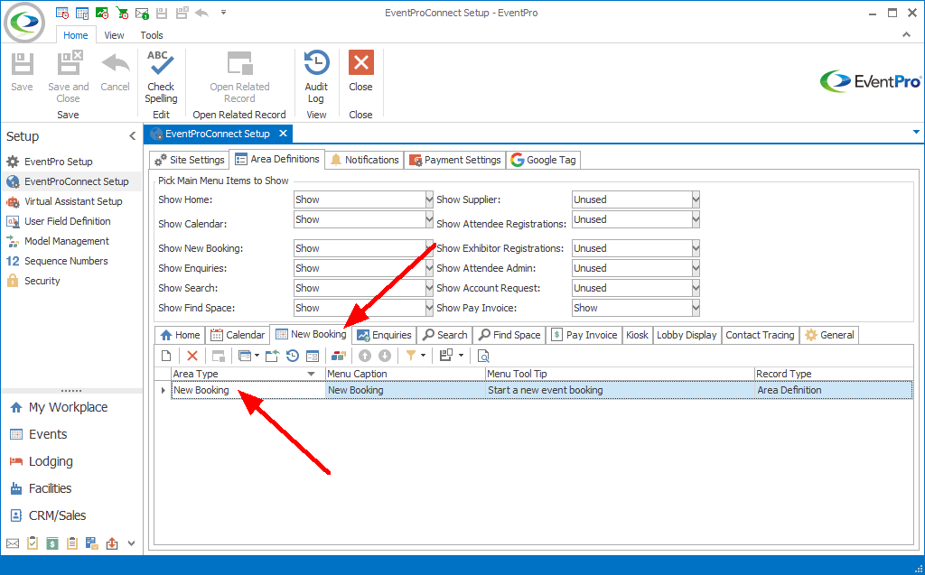 Screenshot of EPConnect Setup pointing to New Booking Area Definition. 