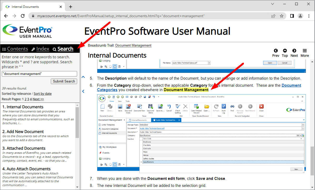 Results in Search pane with highlighted match in topic