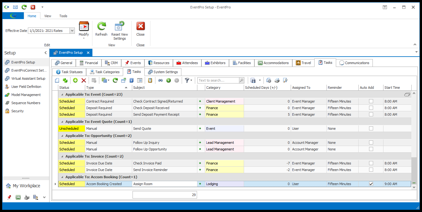 Screenshot of Standard Tasks under EventPro Setup. 